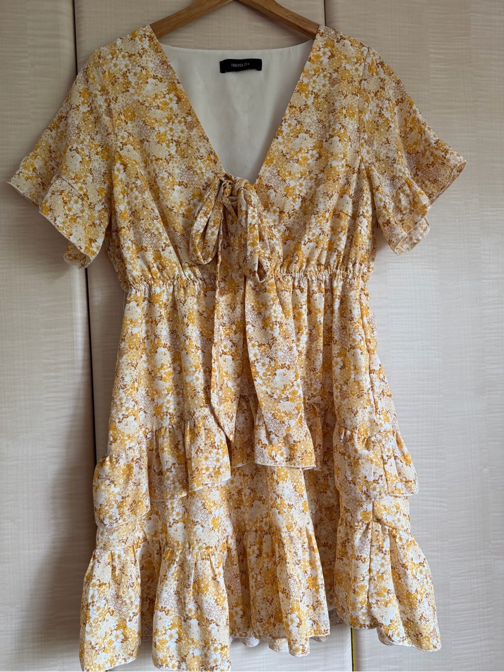 Mustard Yellow Floral Tie-Front Mini Dress